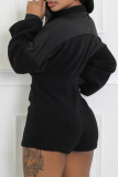 Black Casual Zipper Collar Long Lantern Sleeve Waisted Rompers