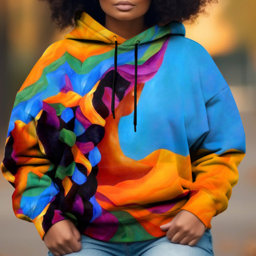 Blue Casual Girl Figure Print Draw String Hooded Collar Long Sleeve Fall Winter Sweatshirts Tops