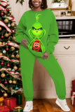 Green Christmas Crinch 2 Piece Outfits Cartoon Print Round Neck Long Sleeve Sweatshirt and Pencil Sweatpants Fall Winter Sweatsuits Sets
