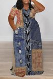 Dark Blue Casual Faux Denim Print Long Sleeve Floor Length Loose Vacation Baggy Maxi Dress