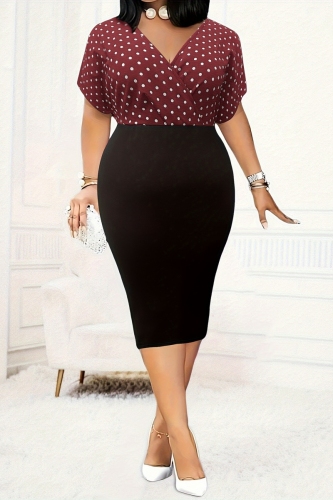 Claret Polka Dot Print V Neck Short Sleeve Wrapped Skirt Formal Evening Party Plus Size Bodycon Midi Dresses