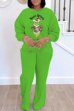 Green White Christmas Grinch 2 Piece Outfits Casual Cartoon Print Round Neck Long Sleeve Sweatshirts and Sweatpants Fall Winter Sweatsuit Sets