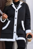 Black Buttons Hooded Long Sleeve Plus Size Thick Fleece Hooded Jacket