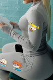 Silver Skinny Sportwear Gym Cartoon Print Zip-up Collar Long Sleeve Jacket and Leggings Two Pieces Sweatsuit Sets