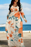 Black White Floral Print V Neck Long Sleeve Floor Length Casual Outing Plus Size Straight Loose Maxi Dress