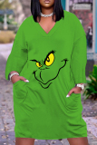 Green Christmas Grinch Dress V Neck Long Sleeve Straight Loose Midi Dress
