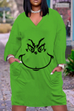 Green Christmas Grinch Dress V Neck Long Sleeve Straight Loose Midi Dress