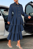 Deep Blue Casual Turndown Collar Long Sleeve Ruffle Tiered Hem Buttons Denim Maxi Dresses
