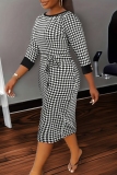 Black White Casual Houndstooth Print O Neck Short Sleeve Lace Up One Step Skirt Formal Office Lady Plus Size Bodycon Maxi Dresses