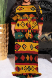 Black Gold Casual Print O Neck 3/4 Sleeve Floor Length Long Plus Size Vacation Maxi Dresses