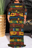 Black Gold Casual Print O Neck 3/4 Sleeve Floor Length Long Plus Size Vacation Maxi Dresses