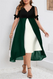 Dark Green Casual V Neck Short Sleeve Formal Party Evening Fake Two-piece Irregular Hem Midi Dress