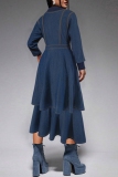 Deep Blue Casual V Neck Long Sleeve Ruffle Tiered Hem High Waist Pleated Denim Maxi Dresses