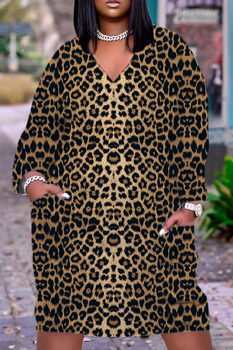 Wholesale Dark Brown Leopard Print V Neck Long Sleeve Casual Outing wholesale-dark-brown-leopard-print-v-neck-long-sleeve-casual-outing