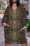 Dark Brown Leopard Print V Neck Long Sleeve Casual Outing Straight Loose Midi Dress