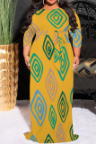 Black Gold Casual Print O Neck 3/4 Sleeve Floor Length Long Plus Size Vacation Maxi Dresses