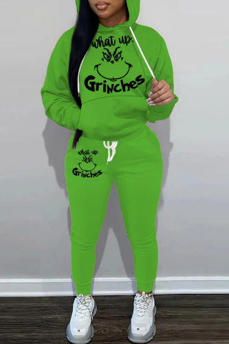 Green White Christmas Grinch Outfits Sportwear Cartoon Print Hooded Long Sleeve Sweatshirt and Pencil Sweatpants Fall Winter Two Pieces Sweatsuits Sets