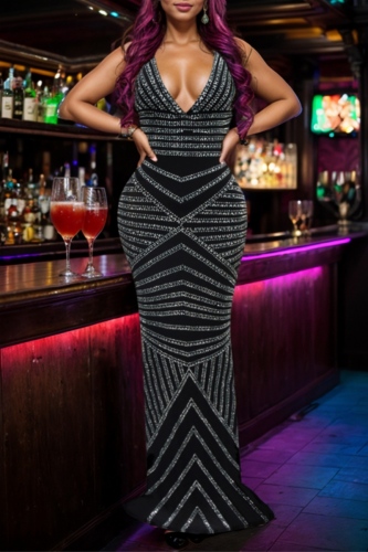 Black Hot Drilling Sleeveless Backless Deep V Neck Long Formal Evening Party Bodycon Maxi Slip Dresses