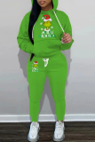 Green White Christmas Grinch Outfits Sportwear Cartoon Print Hooded Long Sleeve Sweatshirt and Pencil Sweatpants Fall Winter Two Pieces Sweatsuits Sets