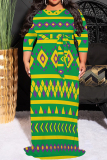 Black Gold Casual Print O Neck 3/4 Sleeve Floor Length Long Plus Size Vacation Maxi Dresses