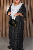 Black African Sequins Rhinestone Bat Sleeve O Neck Lace See-Through Long Plus Size Maxi Dress