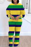 Grey Casual Figure Stripe Print Contrast Round Neck Long Sleeve Sweatshirts and Sweatpants Fall Winter Two Pieces Sweatsuit Sets