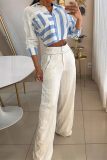 Blue White Office Lady Casual Stripe Button up Contrast Turndown Collar Long Sleeve Shirts and Wide Leg Pants Two Pieces Matching Sets