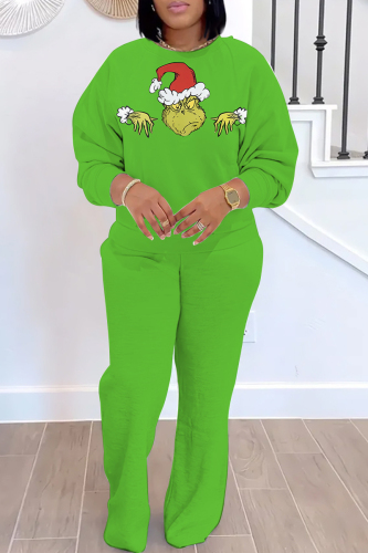 Green White Christmas Grinch 2 Piece Outfits Casual Cartoon Print Round Neck Long Sleeve Sweatshirts and Sweatpants Fall Winter Sweatsuit Sets