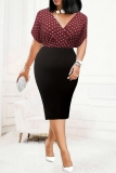 Claret Polka Dot Print V Neck Short Sleeve Wrapped Skirt Formal Evening Party Plus Size Bodycon Midi Dresses