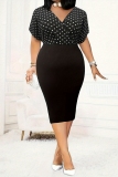 Claret Polka Dot Print V Neck Short Sleeve Wrapped Skirt Formal Evening Party Plus Size Bodycon Midi Dresses