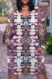 Dark Brown Leopard Print V Neck Long Sleeve Casual Outing Straight Loose Midi Dress