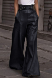 Black PU Leather Belted Buckle Strap Pocket Loose High Waist Flare Wide Leg Pants Bottoms
