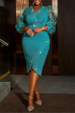 Lake Green Midi Wedding Guest Dress V Neck with Rhinestone Decor Sheer Mesh Long Puff Sleeves Belted Waist Wrap Cocktail Party Evening Gown