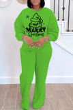 Green White Christmas Grinch 2 Piece Outfits Casual Cartoon Print Round Neck Long Sleeve Sweatshirts and Sweatpants Fall Winter Sweatsuit Sets