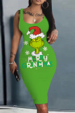 Green White Grinch Christmas Dress Sleeveless U Neck Knee Length Casual Outing Bodycon Vest Midi Dress