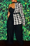 Black Party Club Casual Houndstooth Print Contrast Backless Irregular Halter Long SIngle Sleeve Wide Leg Jumpsuits