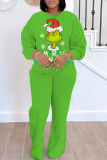 Green White Christmas Grinch 2 Piece Outfits Casual Cartoon Print Round Neck Long Sleeve Sweatshirts and Sweatpants Fall Winter Sweatsuit Sets