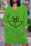 Green Christmas Grinch Dress V Neck Long Sleeve Straight Loose Midi Dress