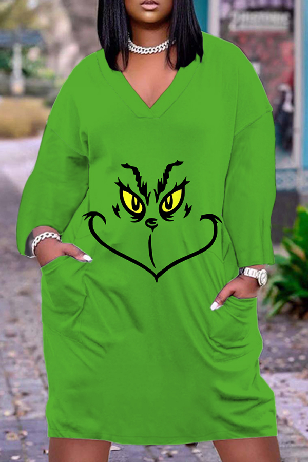 Green Christmas Grinch Dress V Neck Long Sleeve Straight Loose Midi Dress