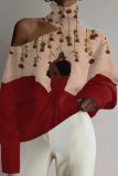 Apricot Brown Loose Casual African Girl Print Cut Out Turtleneck Cold Shoulder Long Sleeve Blouses Tops