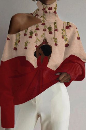 Apricot Brown Loose Casual African Girl Print Cut Out Turtleneck Cold Shoulder Long Sleeve Blouses Tops