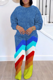 Grey Casual Figure Stripe Print Contrast Round Neck Long Sleeve Sweatshirts and Sweatpants Fall Winter Two Pieces Sweatsuit Sets
