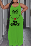 Green Grinch Christmas Dress Sleeveless Backless Spaghetti Strap Floor Length Straight Loose Maxi Slip Dress