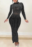Black Skinny Party Club Celebrities Hot Drilling Half A Turtleneck Long Sleeve Tops and Slit Wrap Skirts Two Pieces Dress Sets