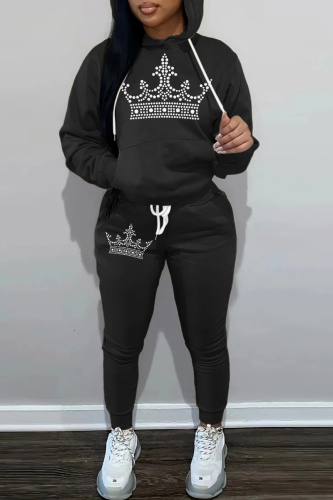 Black Sportwear Casual Letter Butterfly Crown Print Hooded Long Sleeve Sweatshirt and Sweatpants Fall Winter Two Pieces Sweatsuits Sets
