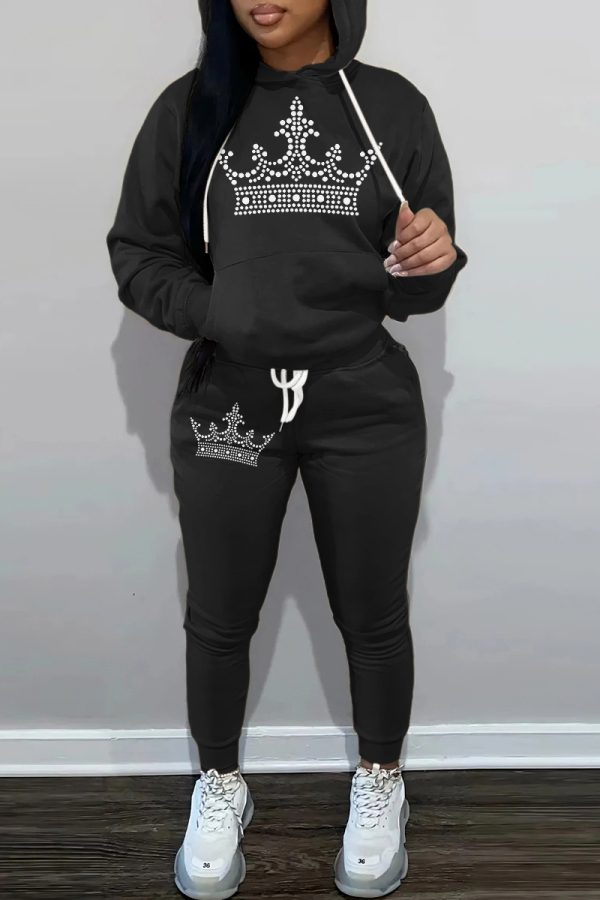 Black Sportwear Casual Letter Butterfly Crown Print Hooded Long Sleeve Sweatshirt and Sweatpants Fall Winter Two Pieces Sweatsuits Sets