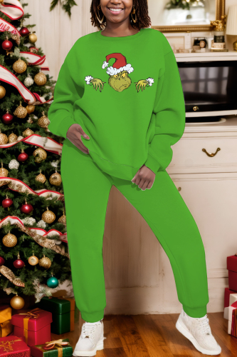 Green Christmas Crinch 2 Piece Outfits Cartoon Print Round Neck Long Sleeve Sweatshirt and Pencil Sweatpants Fall Winter Sweatsuits Sets