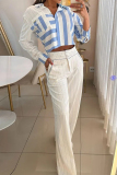 Blue White Office Lady Casual Stripe Button up Contrast Turndown Collar Long Sleeve Shirts and Wide Leg Pants Two Pieces Matching Sets
