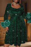 Dark Green Sequins Square Neck Long Sleeve Party Formal Evening A Line Midi Dresses