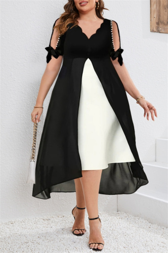 Dark Green Casual V Neck Short Sleeve Formal Party Evening Fake Two-piece Irregular Hem Midi Dress